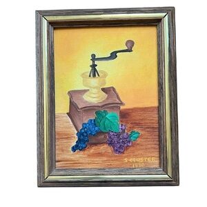 Vintage Still Life Coffee Grinder Fruit Signed Framed Painted Canvas Art 70s